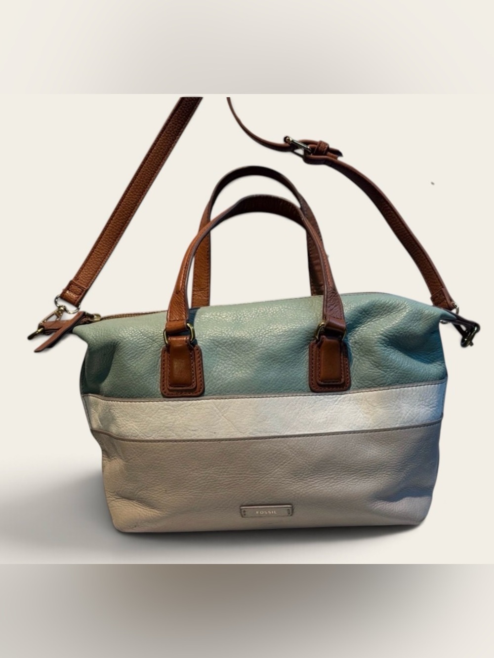 Fossil Green and Tan Leather Satchel